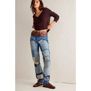 NWT We The Free People Bare With Me Straight Leg Patchwork Rigid Denim Jeans 27